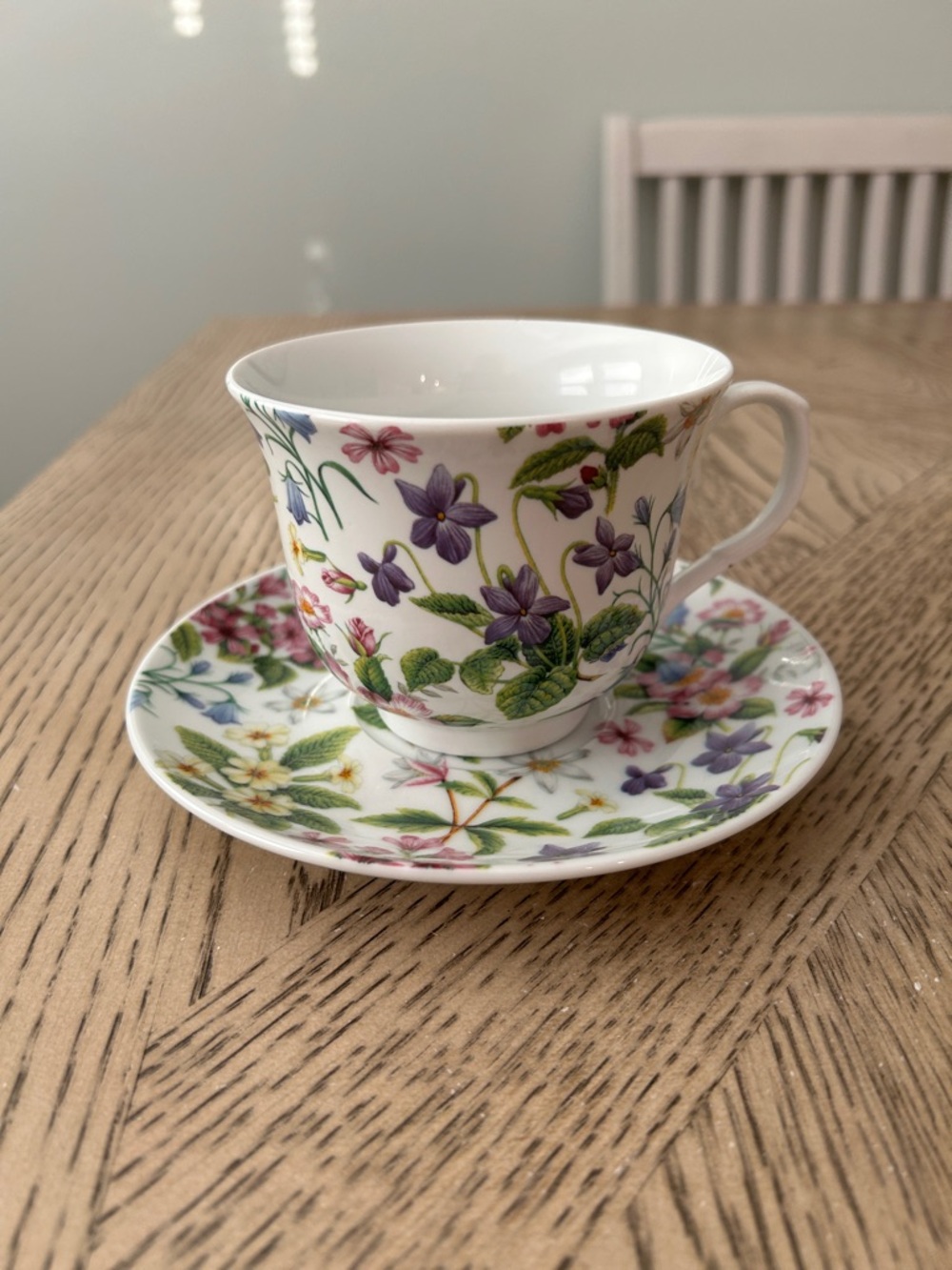 Kent Pottery Floral Bone China Teacup and Saucer - Purple & Green Floral Pattern